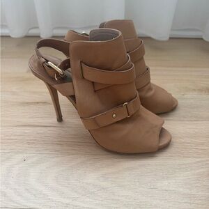 Tan Leather Open-Toe Strappy High Heel Sandals